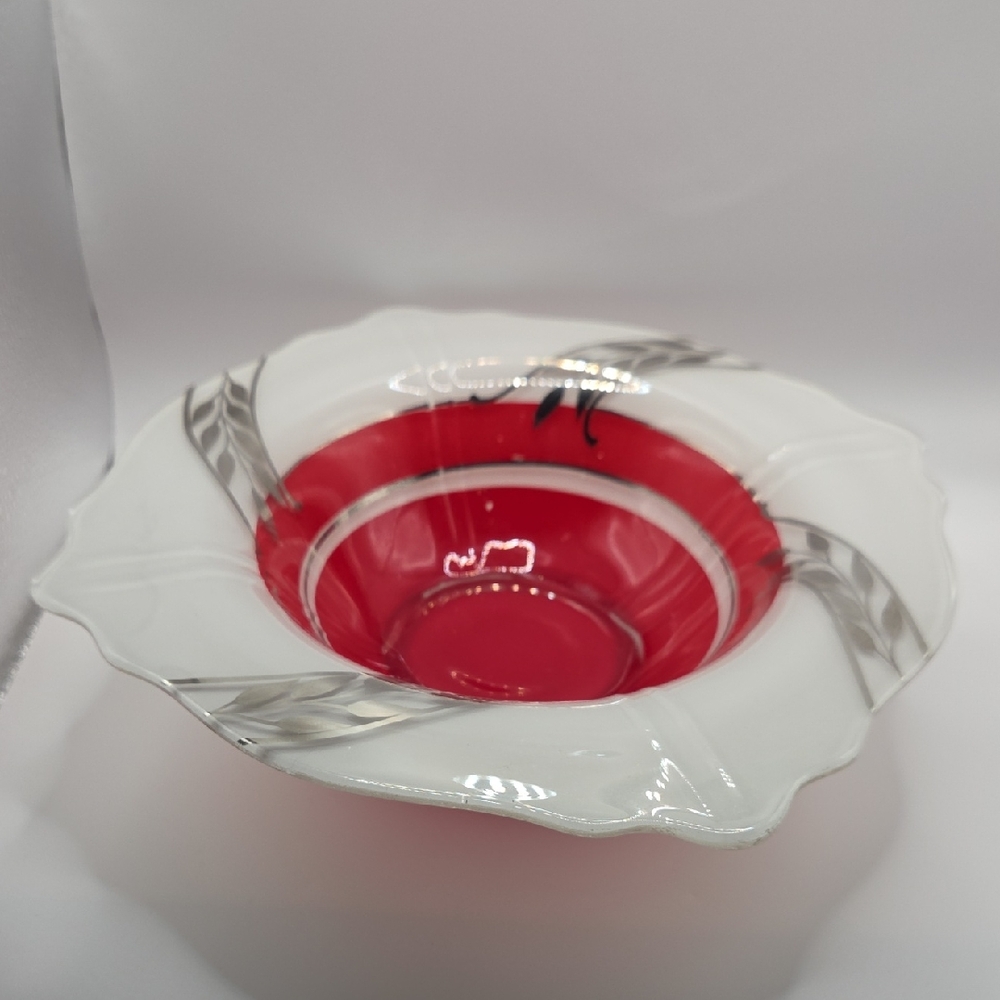 Indiana Glass Red and White And Silver  Decorative Pedestal Bowl